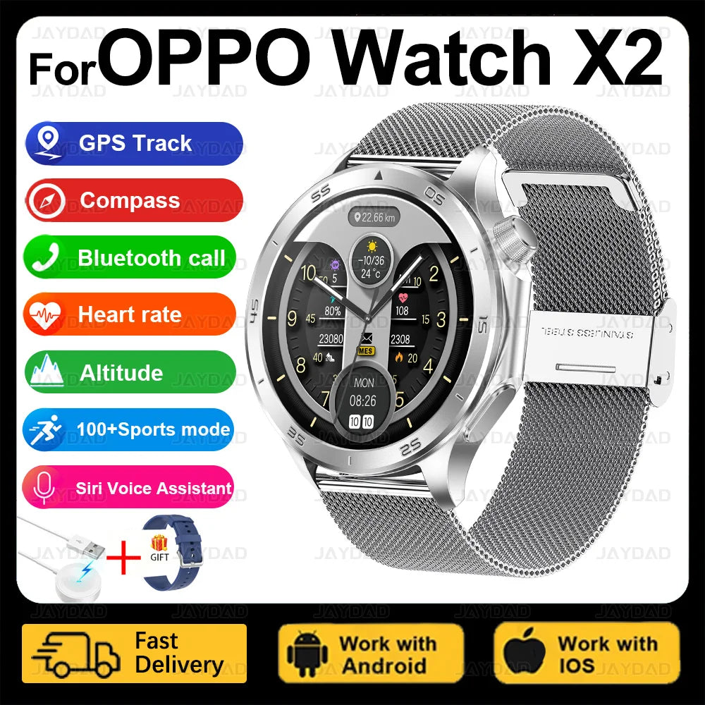 2025 New For OPPO Watch X2 Smart Watch Men AMOLED Outdoor Fashion GPS Compass Heart rate Waterproof Bluetooth Call Smartwatches