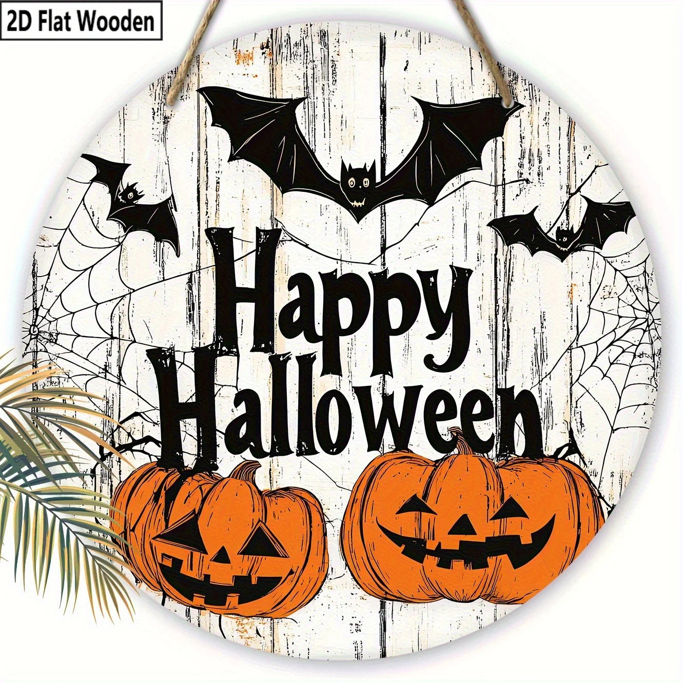 Happy Halloween Wooden Welcome Sign - 2D Flat Ghost Bat & Pumpkin Decor for Porch/Garden, No Battery Indoor/Outdoor Hanging