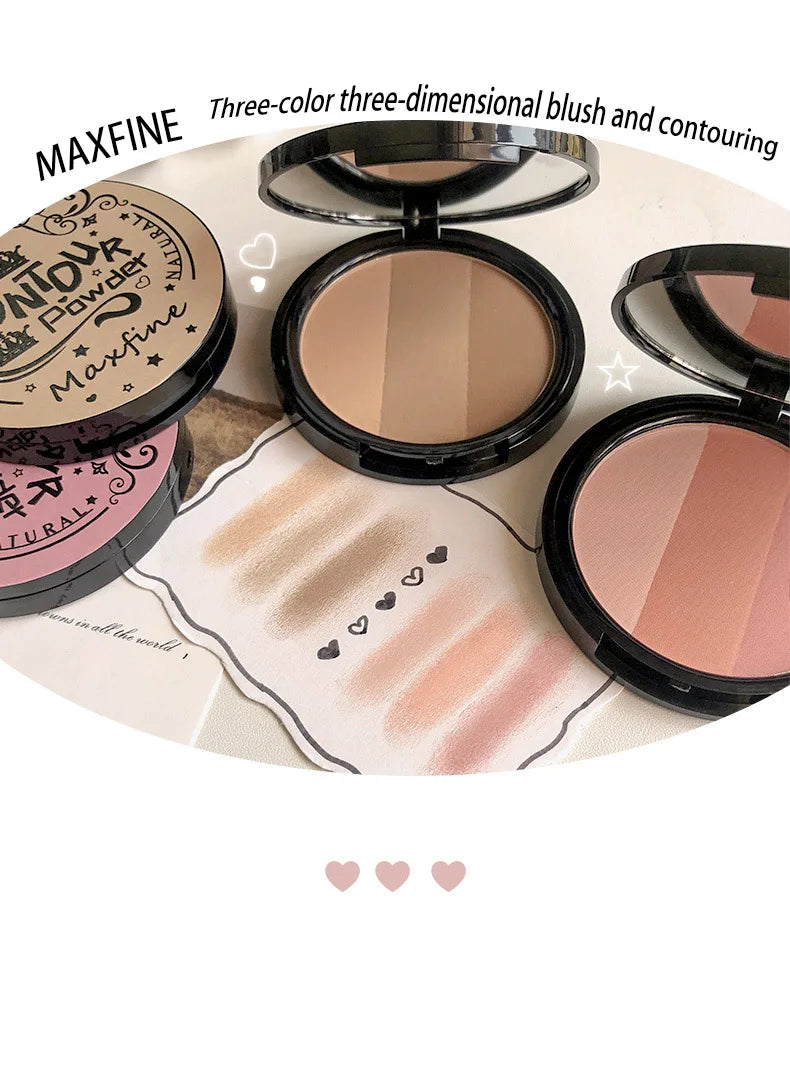 3in1 Three Colors Powder Tray Blush Contouring Waterproof Long Lasting Delicate Natural Face Makeup