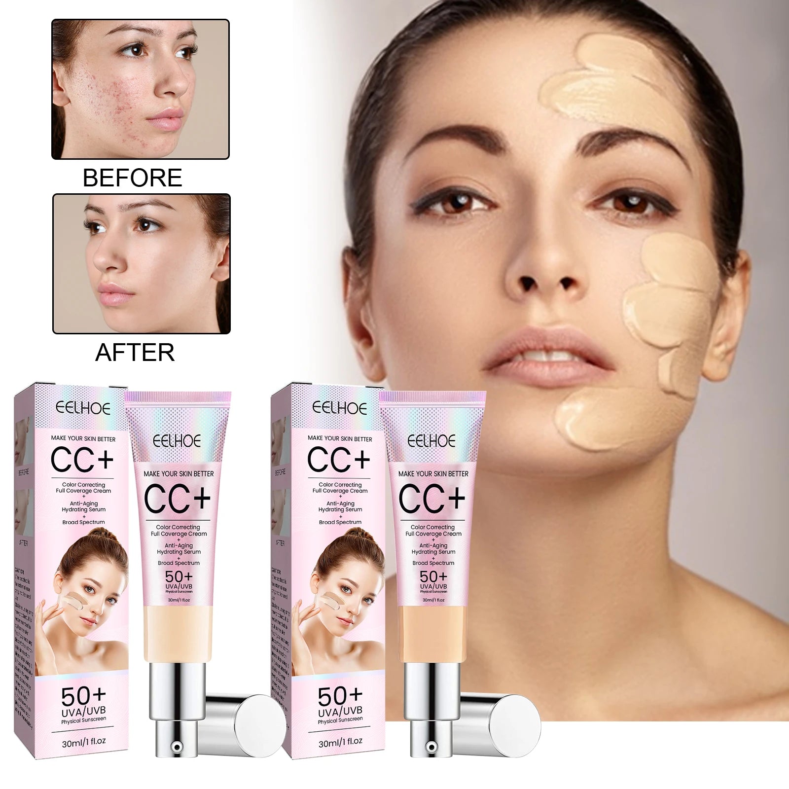 1/2/3pcs CC Cream Foundation Waterproof Brighten Moisturizing Foundation Concealer Oil-Control Sunscreen Spf 50 Makeup Product