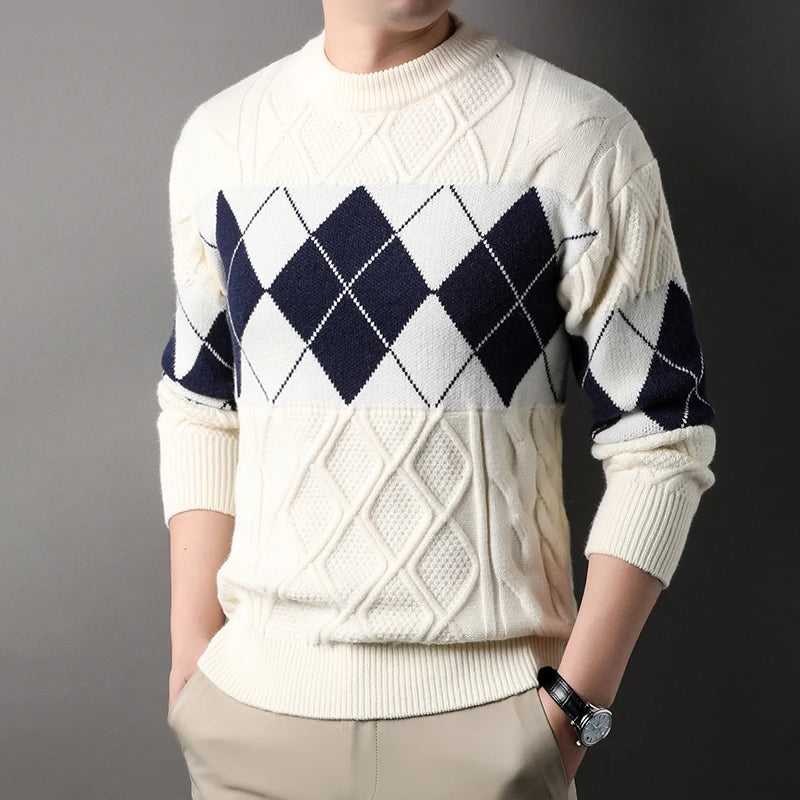 High Quality Thick Mens Sweater Fashion Argyle Mock Neck Knitted Pullovers Autumn Winter Patchwork Warm Casual Knit Sweater Men