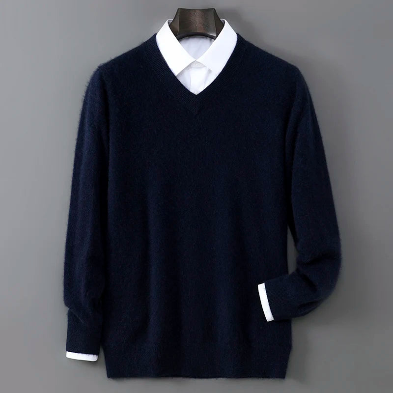 V-Neck Men's 100% Pure Wool Pullover Knitted Sweater, Business Casual Solid Color Simple Long Sleeved Fashionable Loose Warm Top