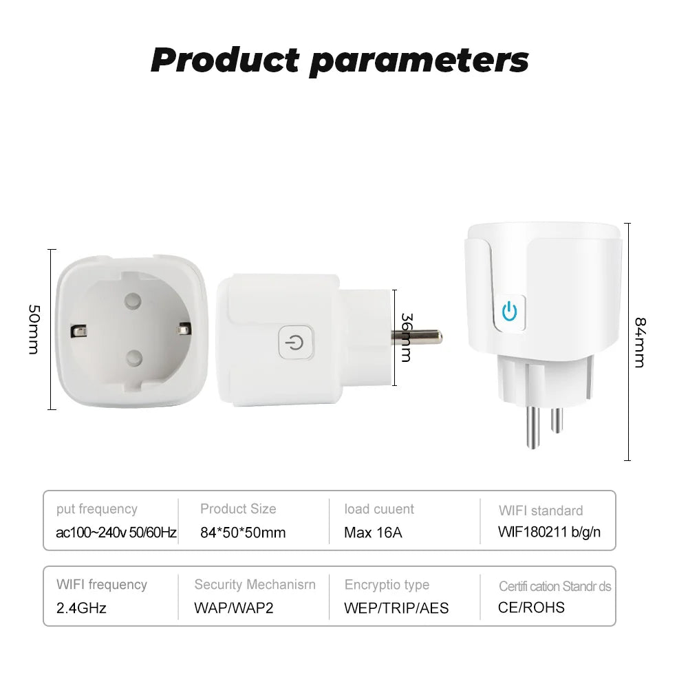 Smart EU Socket WiFi 20A EU Plug Outlet Remote Control Timer Power Monitor Support Voice Google Home Alexa
