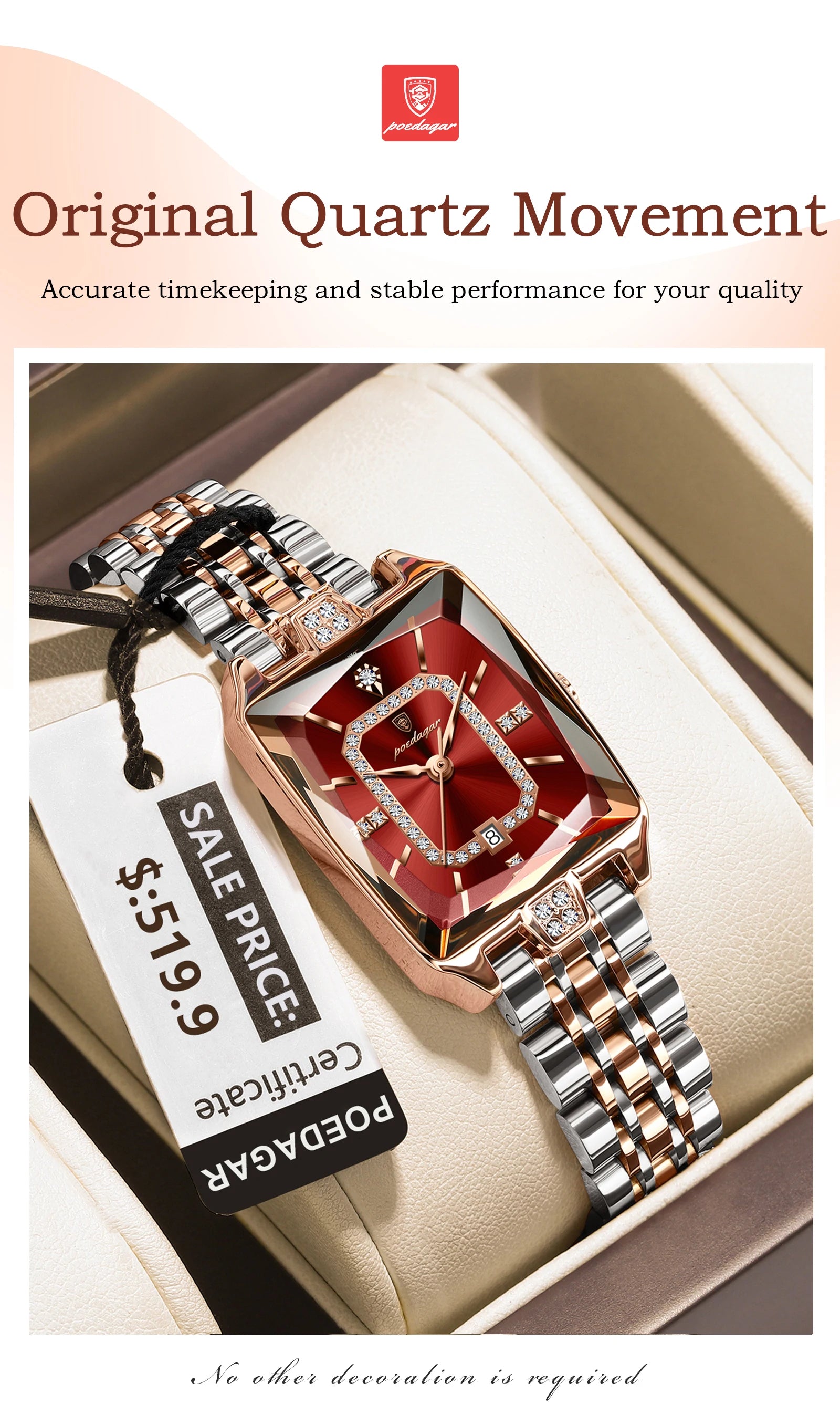 POEDAGAR Luxury Rectangle Watch For Woman Waterproof Calendar Simple Ladies Watch Fashion Stainless Steel Quartz Women's Watches