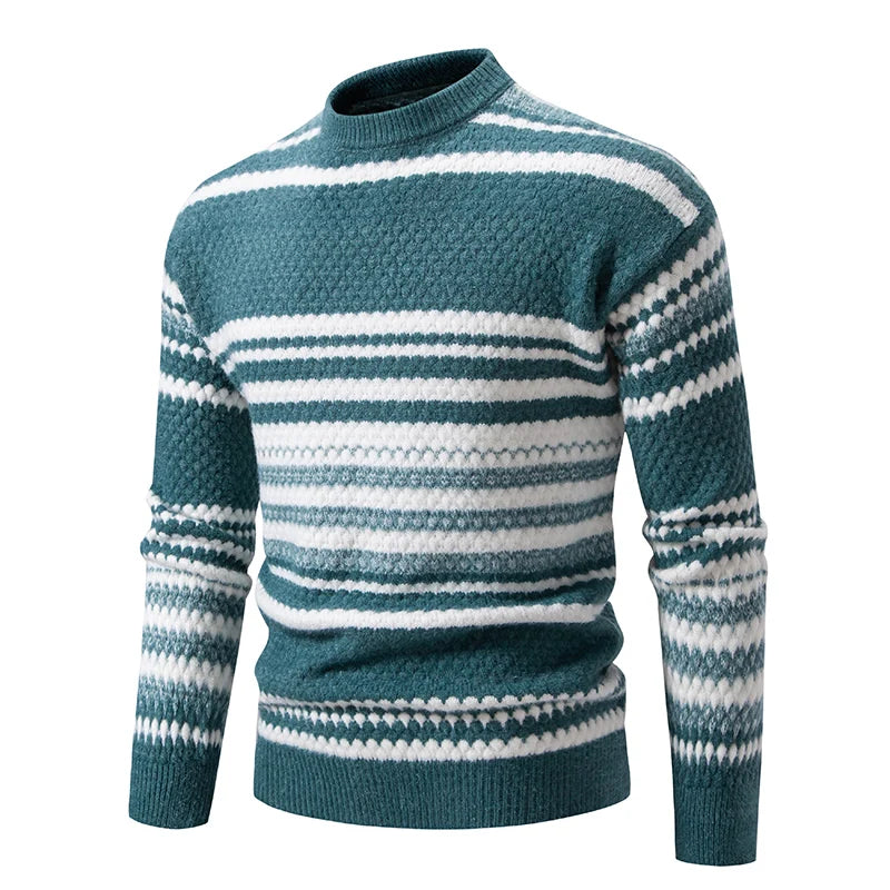 New Autumn Winter Men's Mock Neck Knit Pullovers Fashion Striped Slim Fit Knitted Sweater Men Casual Warm Pullover Knitwear Man