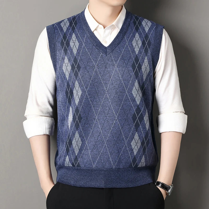 Cardigan Sweater Vests Men Autumn Winter Fleece Knitted Waistcoat Argyle Plaid Smart Causal Fashion Knit Sleeveless Sweater Vest