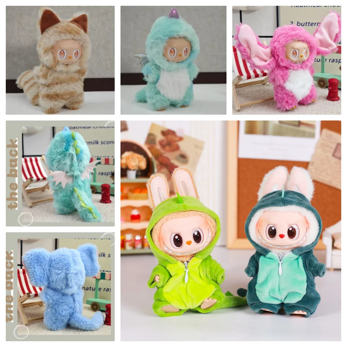 13CM Plush Doll Clothes for Labubu Doll's Clothes 6-Piece Set Dinosaur Animal Suit with Hat Outfit Accessories Dolls Clothing