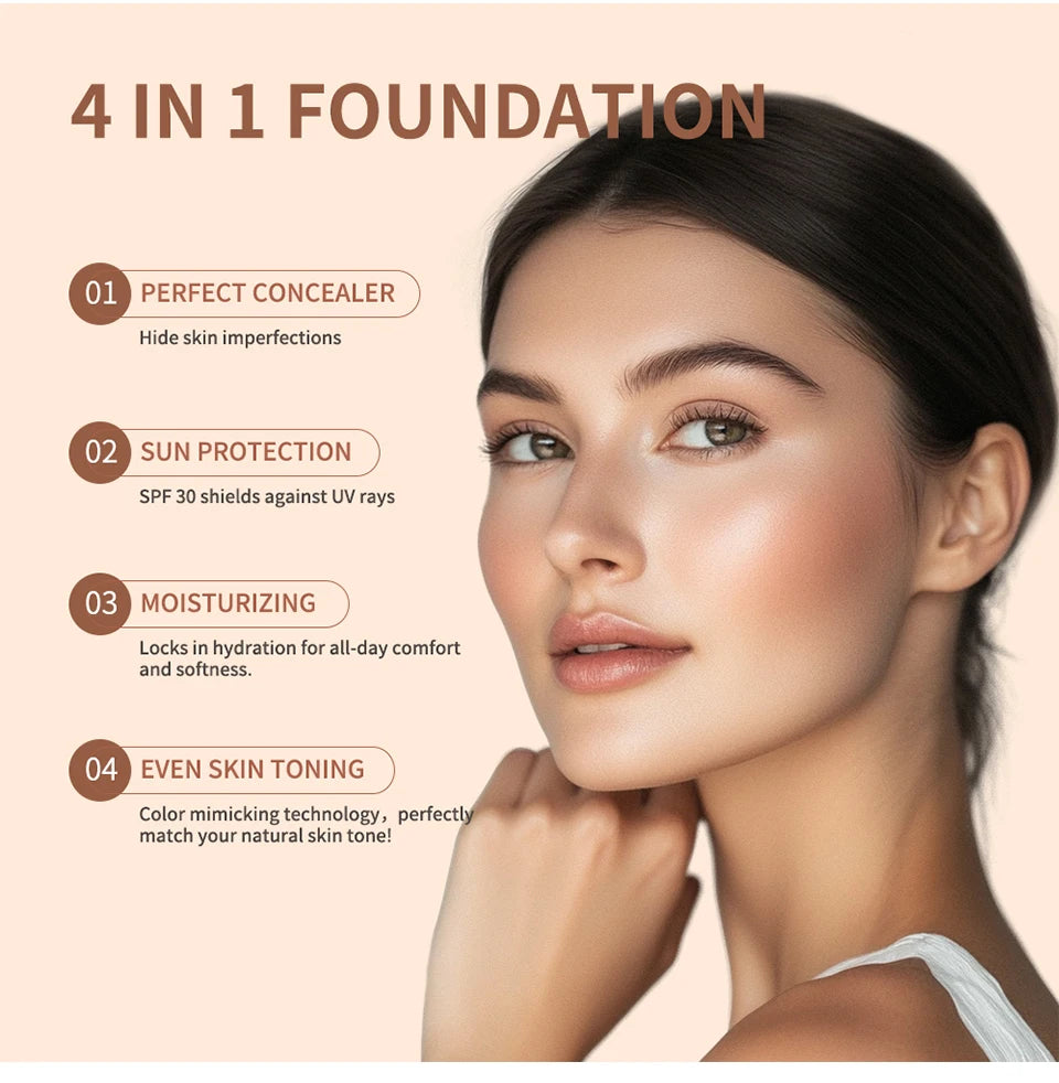 Color Changing Foundation 4 in 1 Moisturizing SPF 30+ Hydrating Color Longwearing Waterproof Travel Coverage Makeup Base