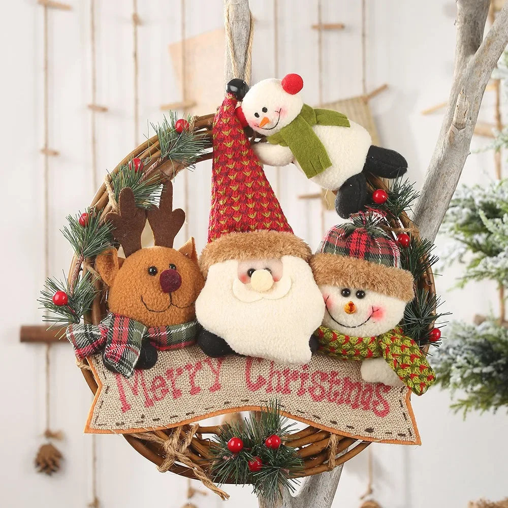 Christmas Vine Ring Wreath Cartoon Santa Claus Elk Snowman Rattan Xmas Wreath Hanging Pendant Noel Navidad Merry Christmas Decor
