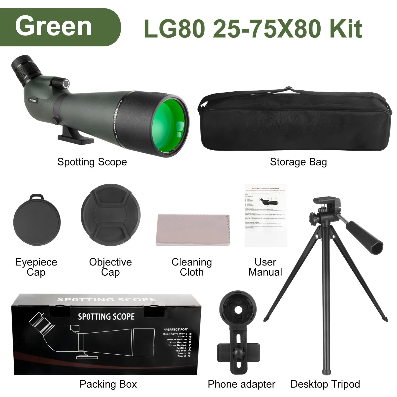 25-75x80 Telescope Spotting Scope Large Field Powerful Zoom Monocular With Phone Adapter Tripod For Bird Watching Camping