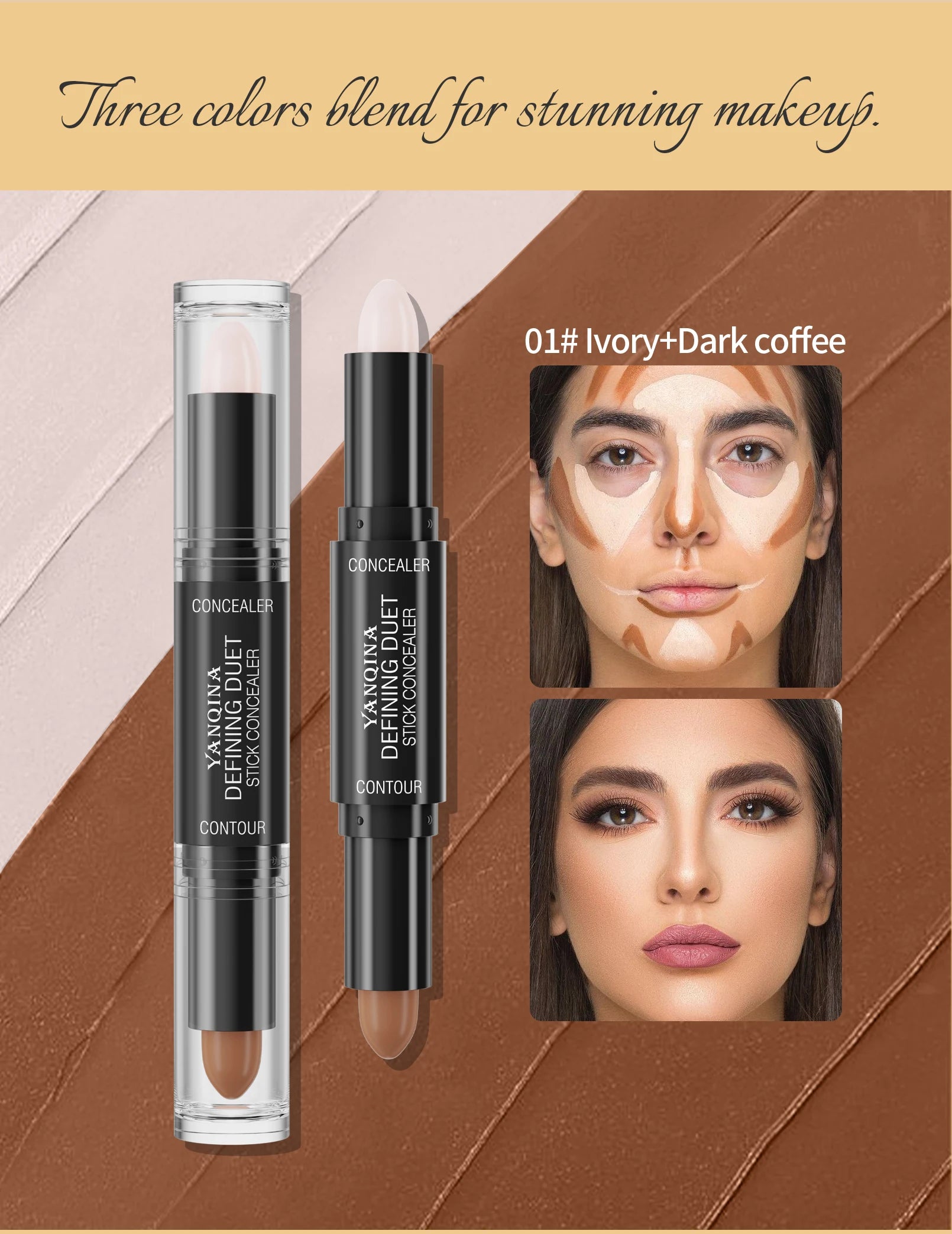 Contour Stick Duo, Double-Ended Highlight and Shadow Cream, Waterproof Full Coverage Concealer, Natural Finish Makeup for All Sk