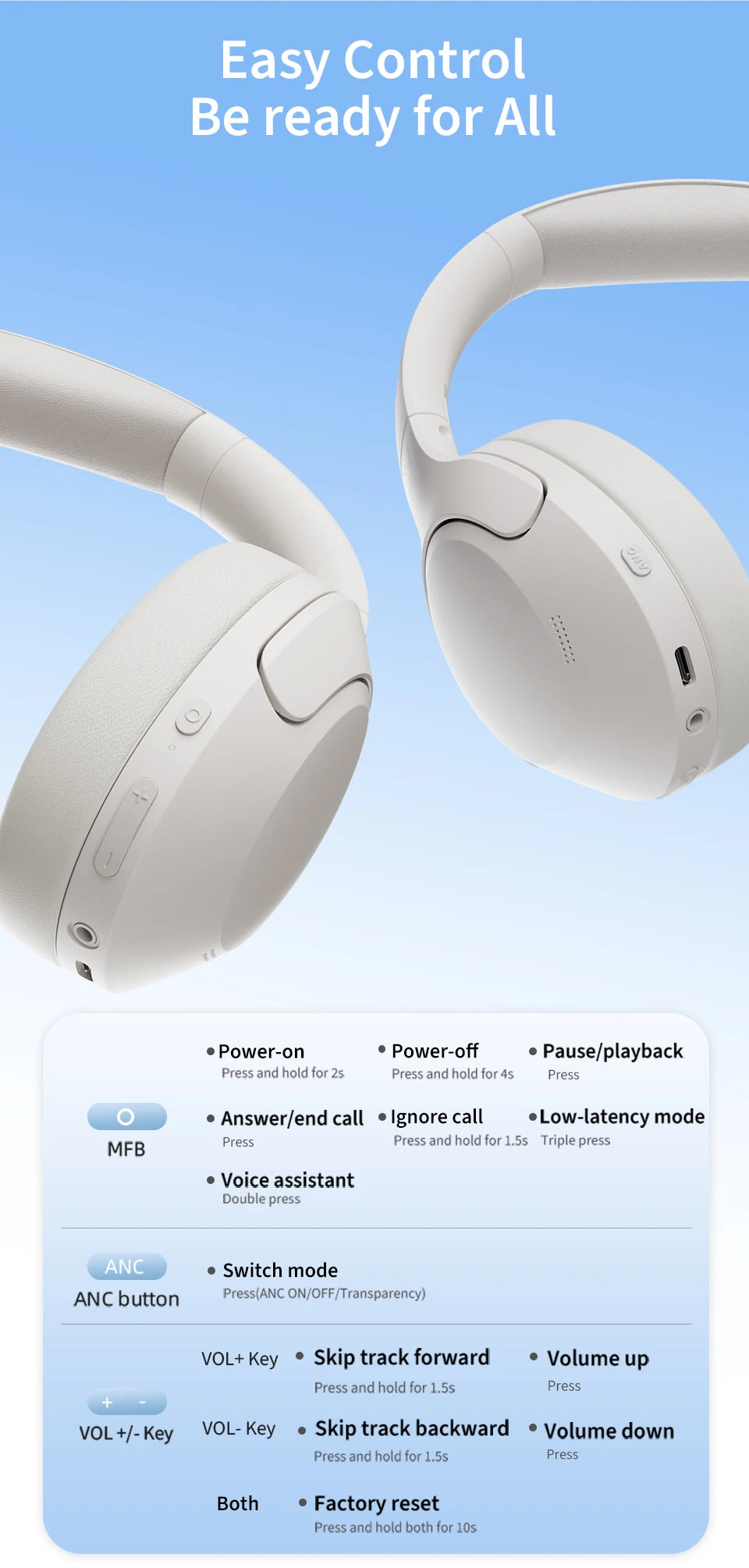 QCY H3 Lite ANC Wireless/Wired Headphones Bluetooth 5.3 Foldable Over Ear Headset HIFI Sound 60H Playtime Earphones Dual Connect