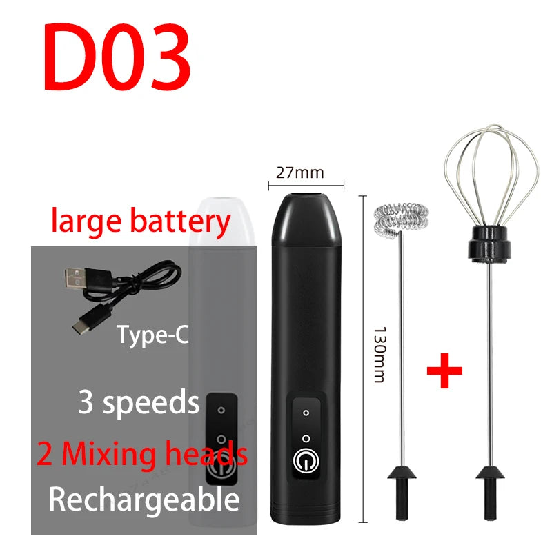 Electric Milk Frother USB Rechargeable Handheld Egg Beater 3 Speeds Foam Maker Mixer Coffee Drink Frothing Wand Foamer Kitchen