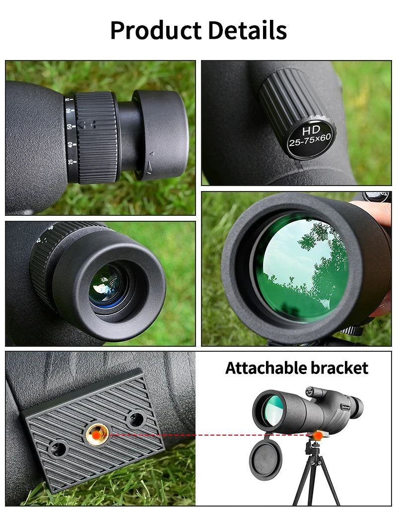 25-75x60 HD Spotting Scope Powerful Monocular Zoom Telescope Prism Waterproof for Birdwatching Target Shooting Camping