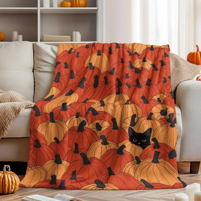 1PC Halloween Theme Throw Pumpkin Black cats Thin Blanket Gifts for family friends Couch Bed Car Home Camping all season use