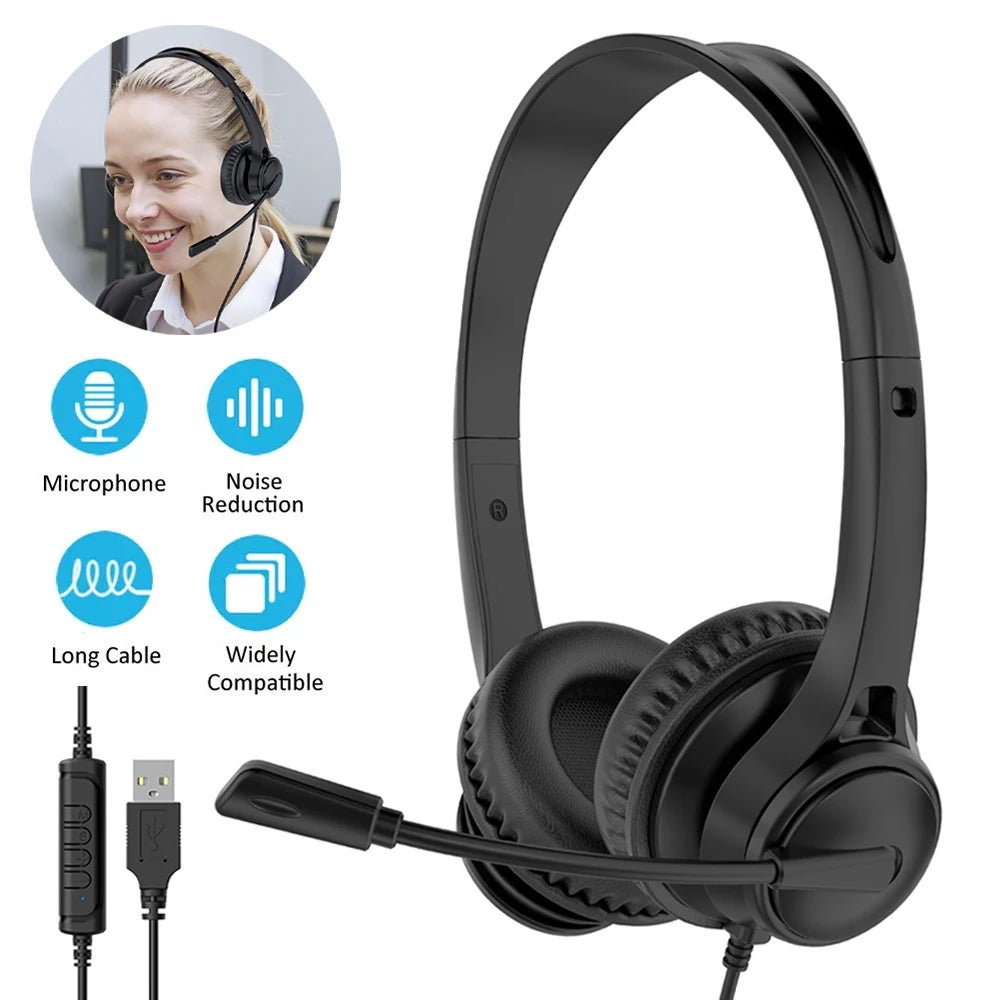 Wired USB Headset Call Center Headphones with Microphone Noise Cancelling Over Gaming Over-Ear Headsets for Computer PC Laptop