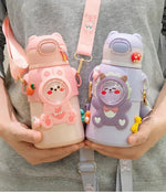 400/500ML Kids Water Bottle Cartoon Dinosaur Thermos Mug Baby Duck Billed Straw 316 Stainless Steel Vacuum Flasks Thermos Bottle