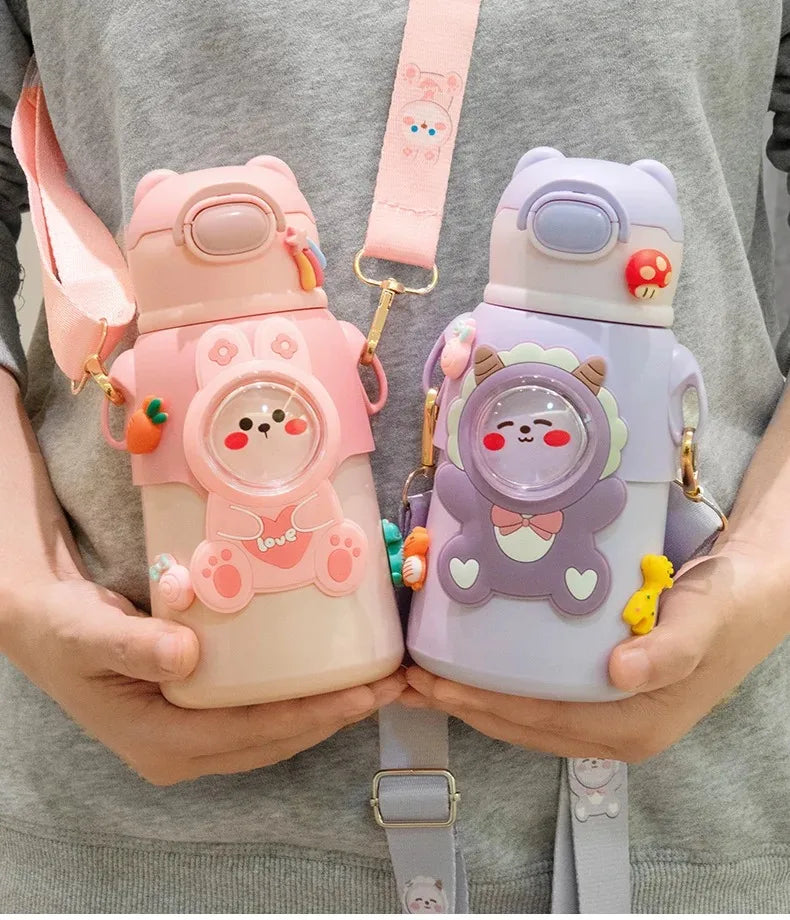 400/500ML Kids Water Bottle Cartoon Dinosaur Thermos Mug Baby Duck Billed Straw 316 Stainless Steel Vacuum Flasks Thermos Bottle