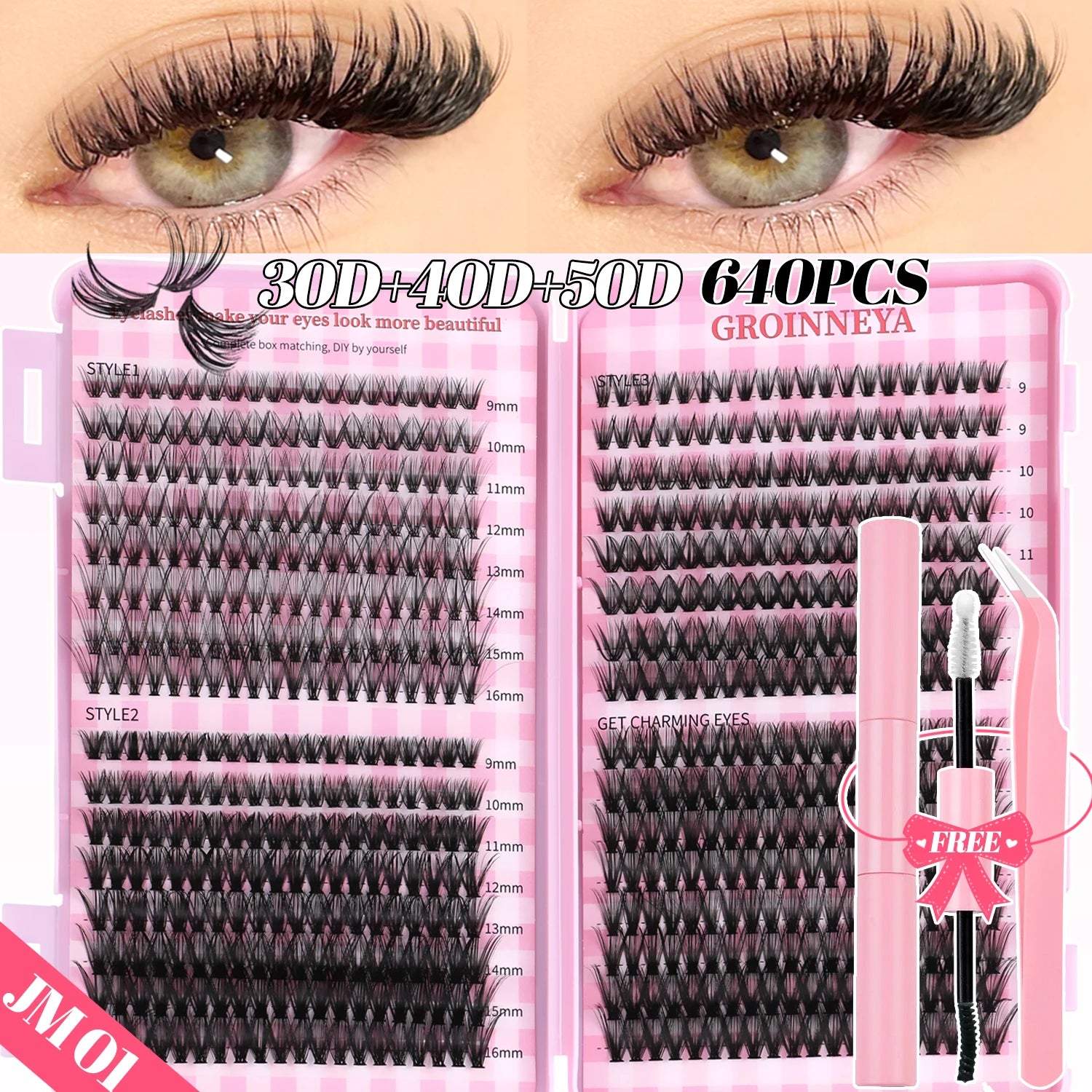 GROINNEYA DIY Lash Clusters Set Mixed Tray Lashes Kit Fluffy Individual Lashes Extension with Lash Bond and Seal At Home Makeup
