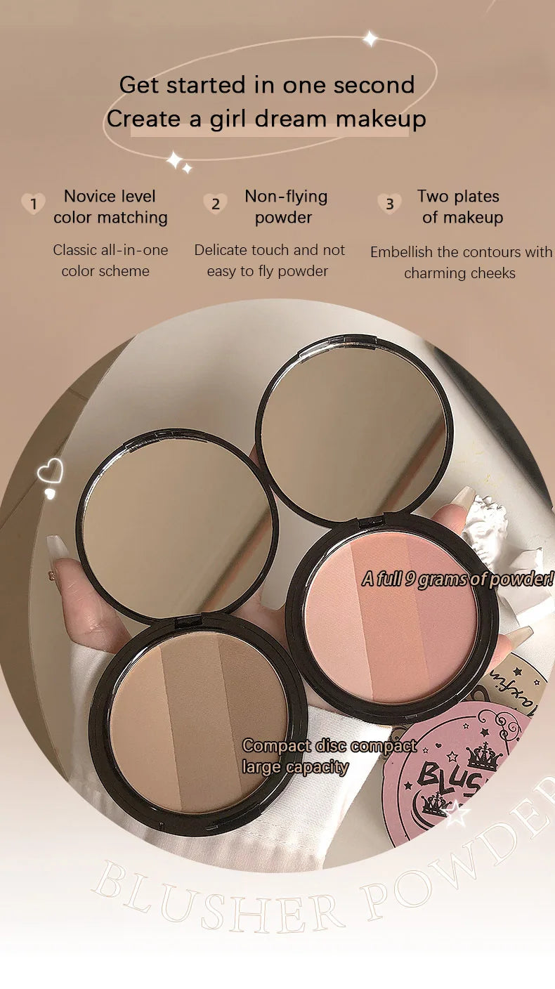 3in1 Three Colors Powder Tray Blush Contouring Waterproof Long Lasting Delicate Natural Face Makeup
