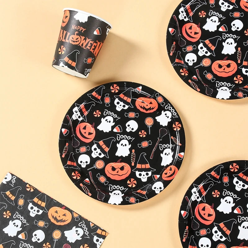 Halloween Disposable Tableware Halloween Party Decoration Spooky Pumpkin Paper Plates Napkins Cups Trick or Treat Party Supplies