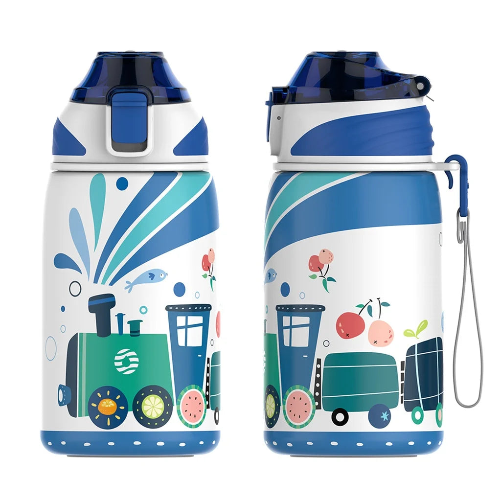Fjbottle Kids Water Bottle Stainless Steel 400ml,1-Click Opening, BPA-Free Leak-proof Thermos Bottle, Cartoon Water bottle