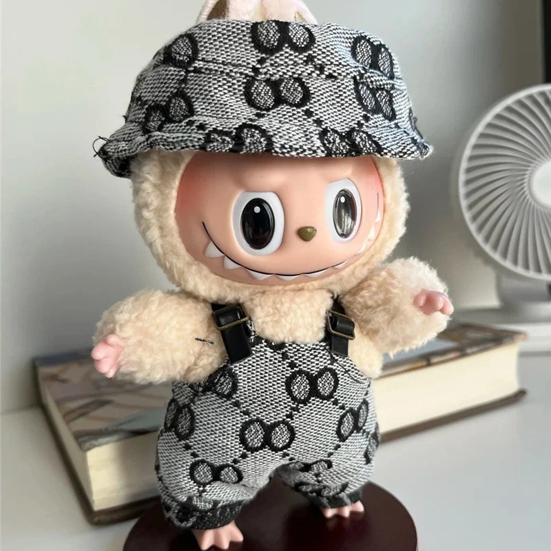 17cm For Labubu Doll Clothing Skirt Bowhair Accessory Set Retro Bib Pants Clothes Luxury Messenger Bag Shoes Set Sitting Party