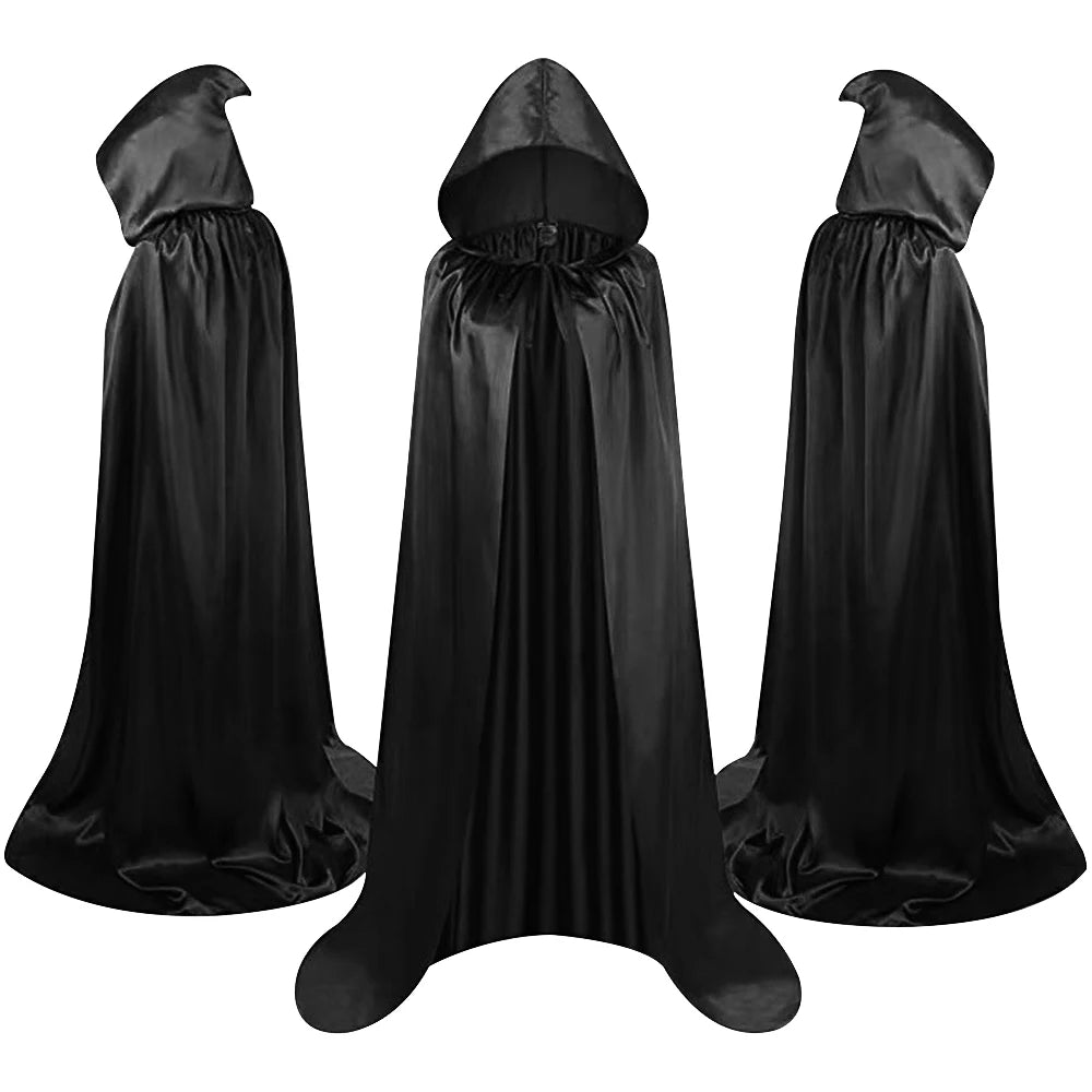 Halloween Cloak Soft Unisex Hooded Black Robe Witch Long Cape Cosplay Costume Prop Party Performance Supplies Holiday Decoration