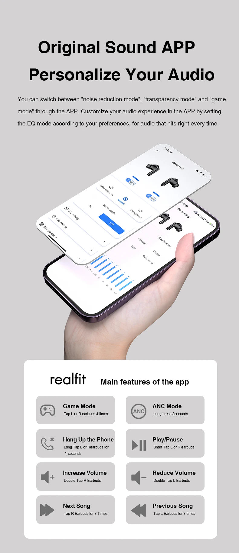 Realfit F3 ANC Active Noice Cancellation Bluetooth Earphones ENC Call HIFI Stereo Superb Bass Wireless Earbuds Sport Gaming