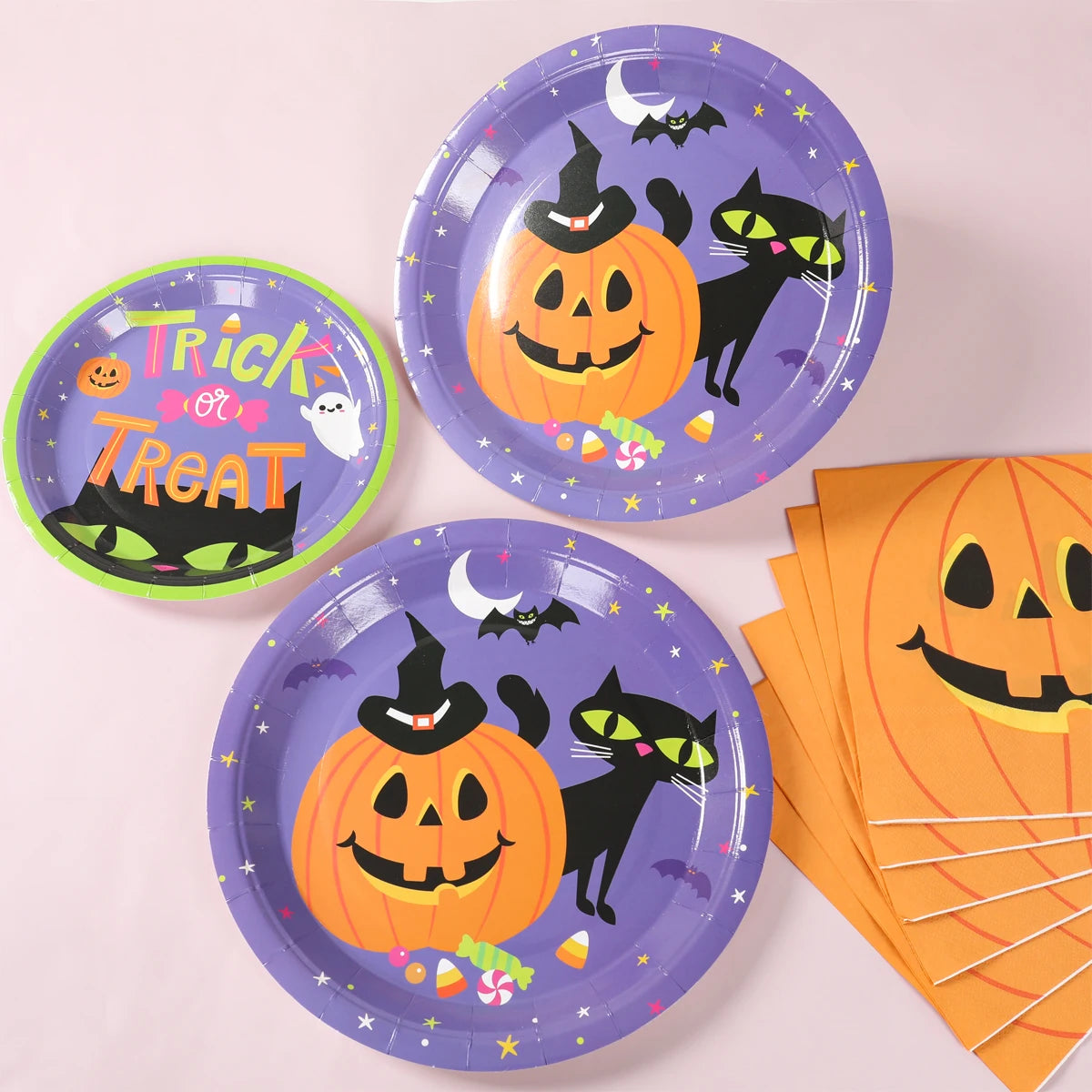 Halloween Pumpkin Black Cat Disposable Tableware Set Halloween Party Decor Kids Favors Trick or Treat  Paper Plates Cup Napkins