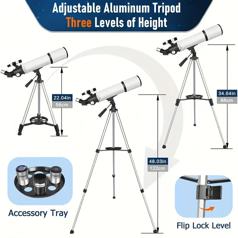 BORWOLF AZ80500  Astronomy Telescopes for Adults, 80mm Aperture 500mm AZ Mount 250X HD for Moon Stargazing and Bird Watching