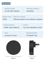 Circular Black Self Powered Wireless Doorbell AC 110v 220v US/EU Plug With 60 Rings Waterproof Long-Distance Kinetic Door Bell