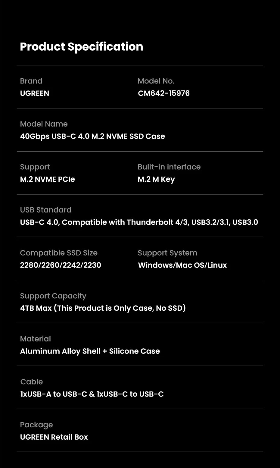 UGREEN 40Gbps NVMe SSD Case SSD Enclosure M.2 to USB4.0 Adapter for M.2 NVME PCIE Built-in Cooling Vest Aluminum Case