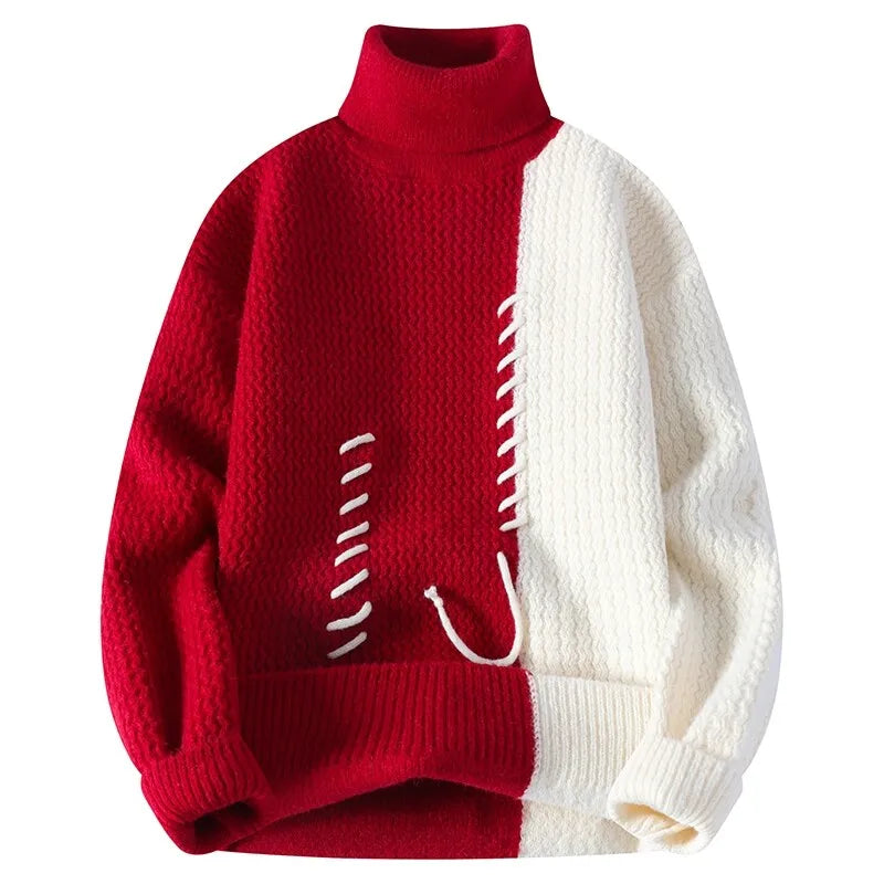 Autumn Winter Men's Knitted Turtleneck Sweater Fashion Patchwork Casual Knit Pullovers Men Loose Warm Pull Sweaters Streetwear