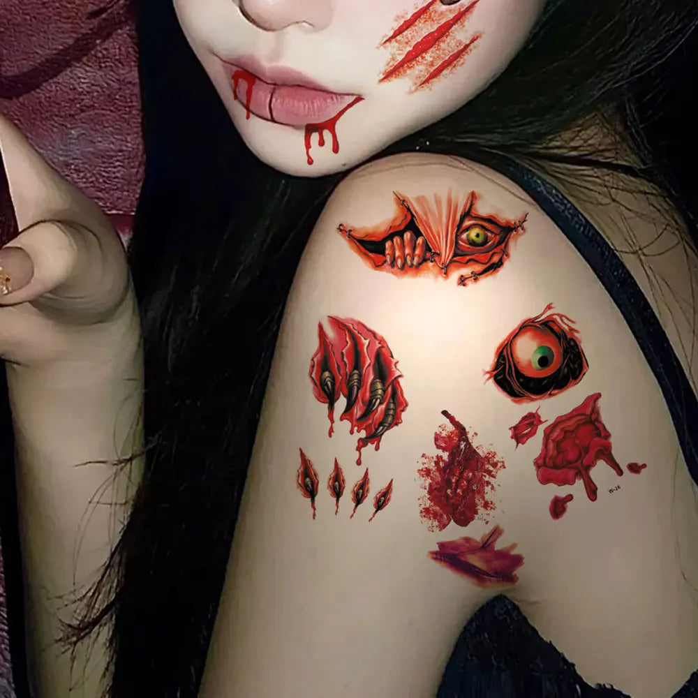 30pcs Waterproof Halloween Tattoo Stickers Bleeding Wound Scar Temporary Tattoos for Women Men Fake Tattoo For Halloween Party
