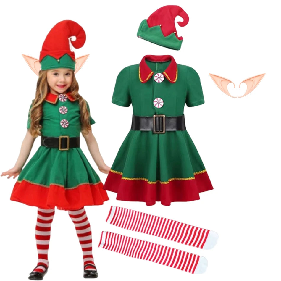 New Year Elf Costume For Kids Girl Boy Green Santa Claus Suit Set With Hat Children Fancy Christmas Party Dress Set Performance