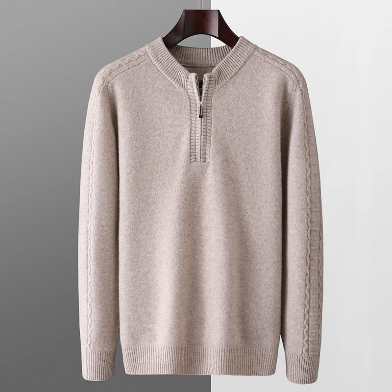 100% pure wool sweater round neck men's thick solid color long sleeved pullover sweater zipper wool knit winter cashmere sweater