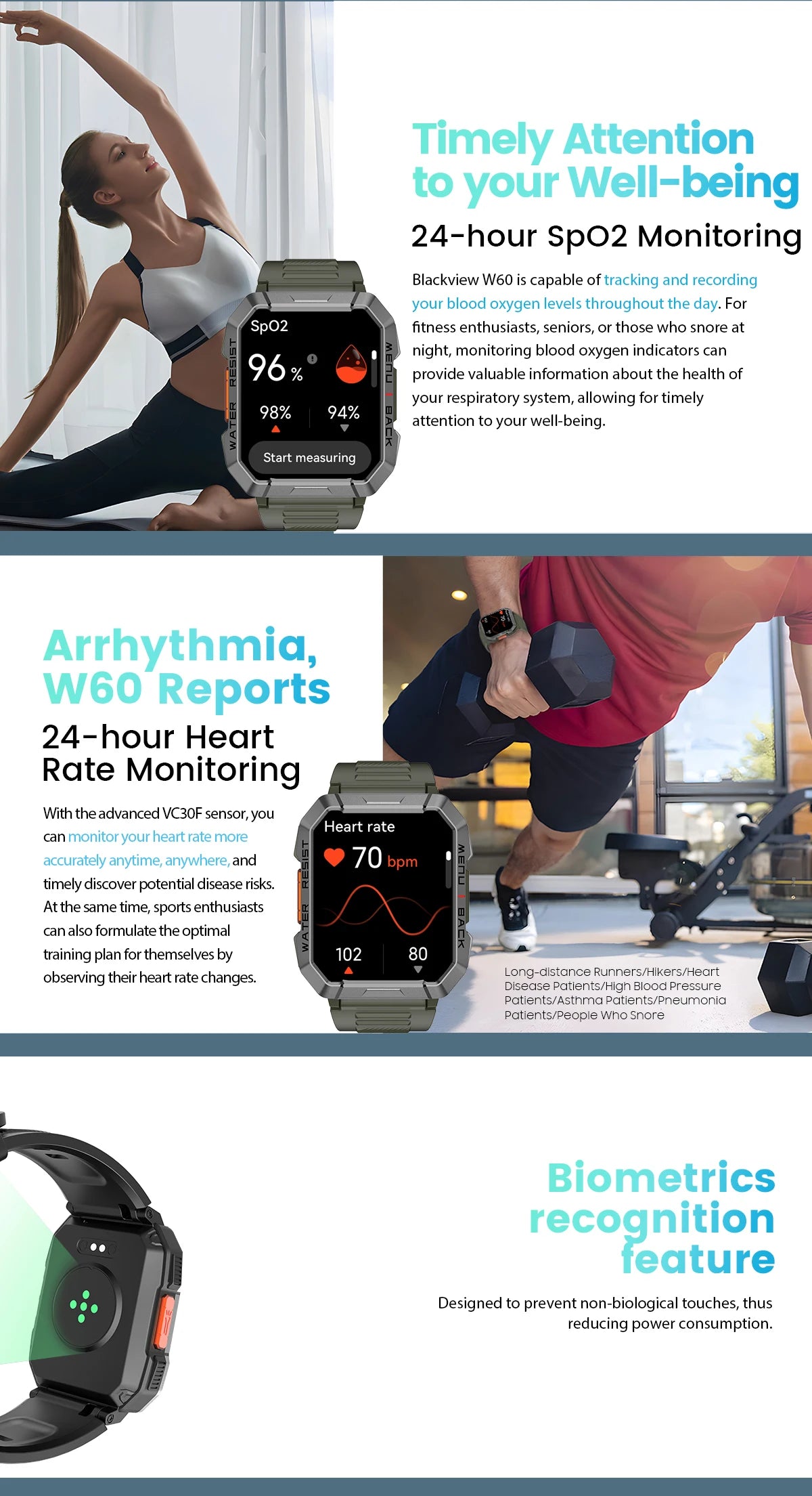 Blackview W60 2024 New Smartwatch 2.01'' HD Display TFT Rugged Smart Watch for Outdoor With Emergency Lighting Bluetooth Calling