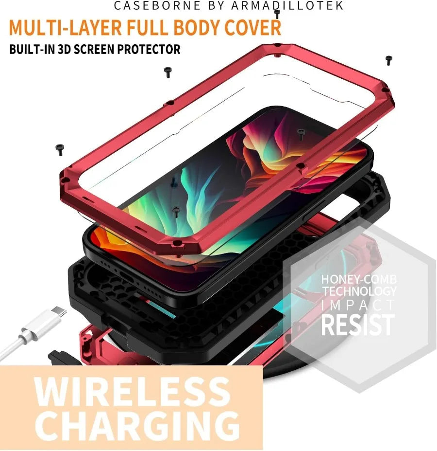 Heavy Duty Rugged Metal Case for iPhone, Case for iPhone 16 15, 14, 13 Pro Max, Screw Military Shockproof Cover with Screen Ca