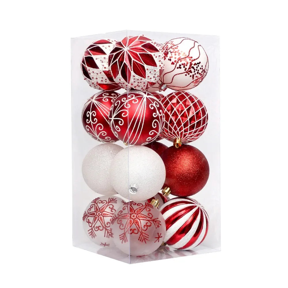 16 Pcs 8cm Painted Christmas Balls Set Cartoon Red Black Gold Electroplated Christmas Hanging Balls DIY Plastic
