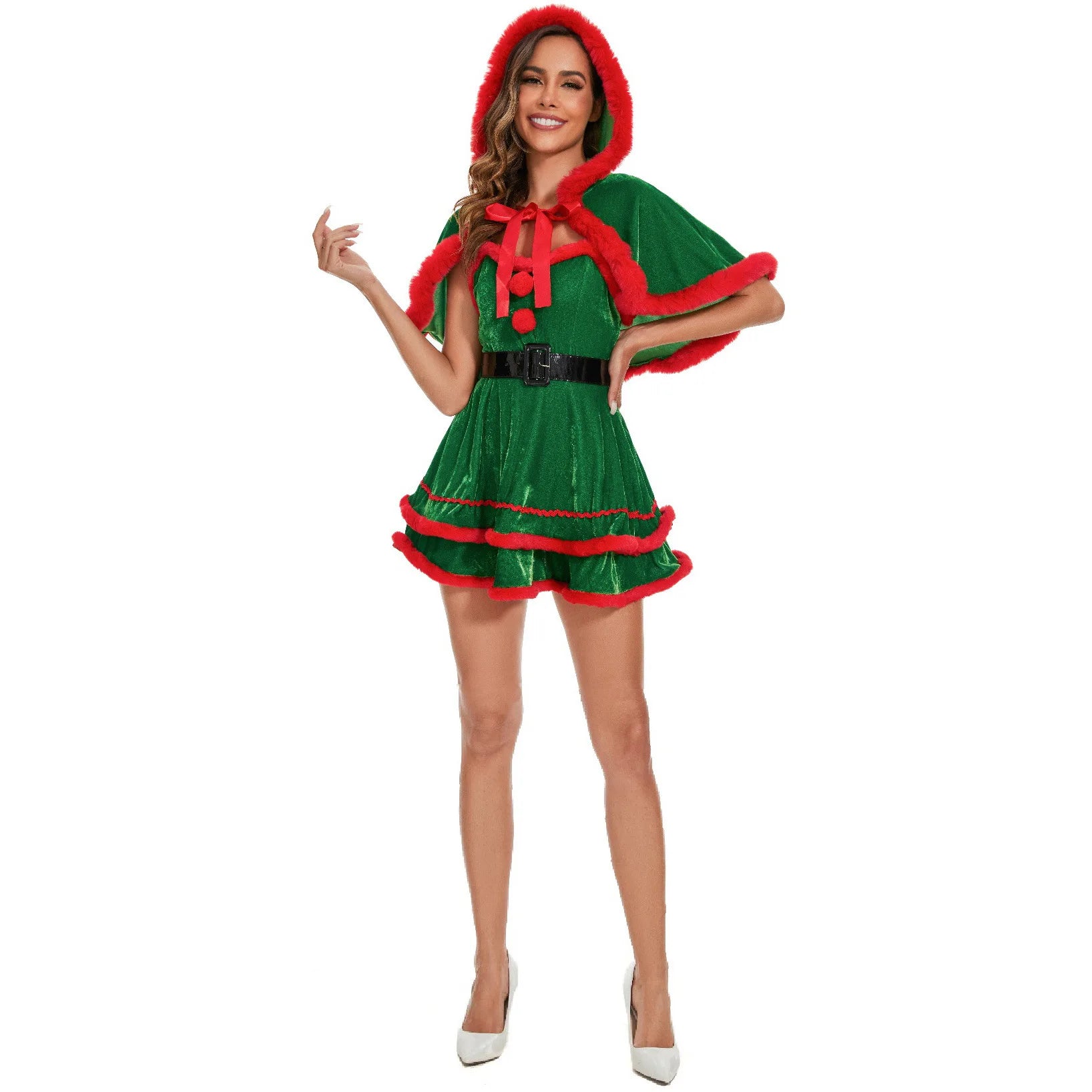 Christmas Women Dress Costume Party Cosplay Outfit Festive Cloak with Attached Hat Holiday Role Play Uniform for  Hooded Cape