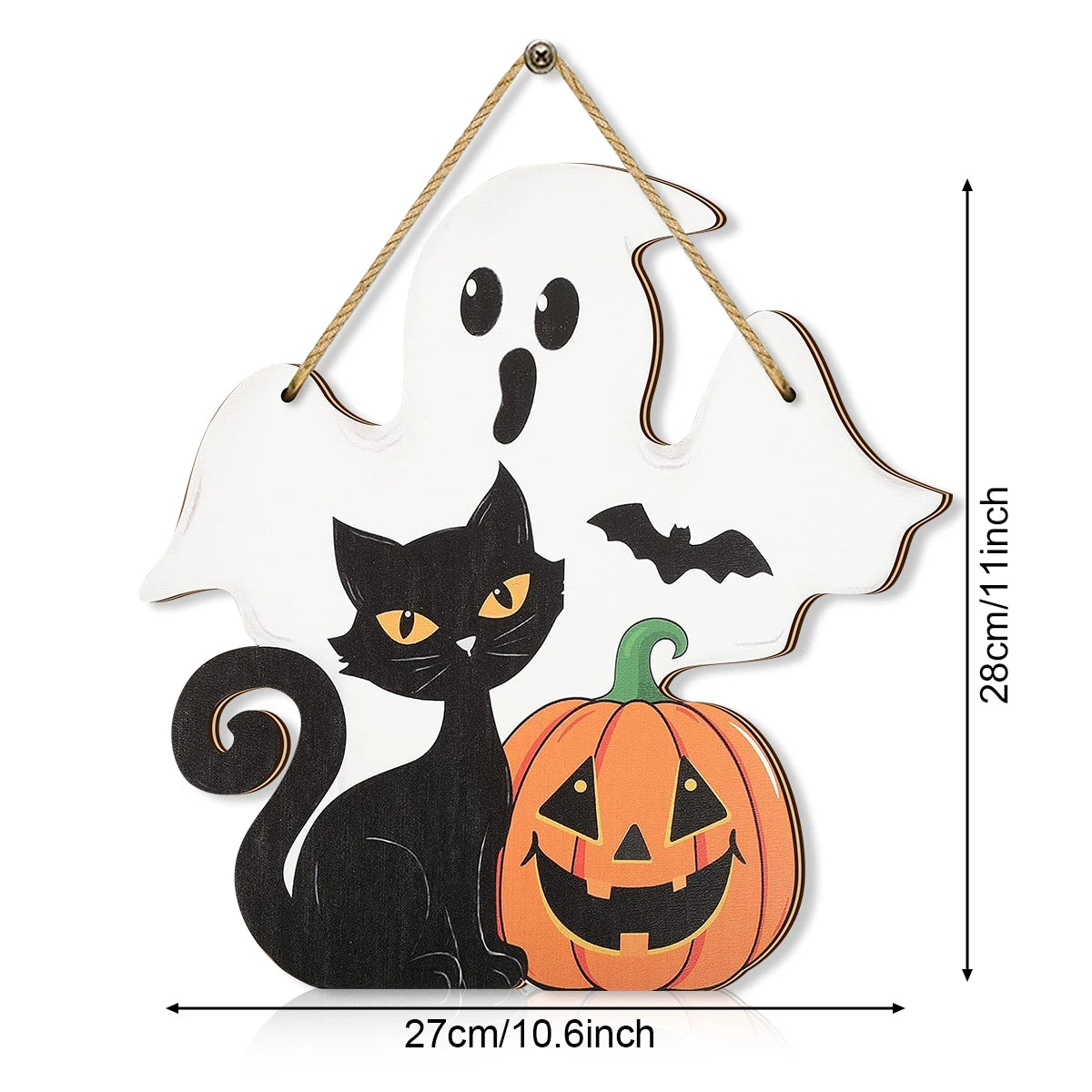 Halloween Decorative Wooden Sign with Ghost, Black Cat, Pumpkin and Bat - Perfect for Seasonal Home Decoration
