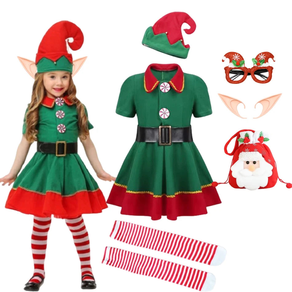 New Year Elf Costume For Kids Girl Boy Green Santa Claus Suit Set With Hat Children Fancy Christmas Party Dress Set Performance