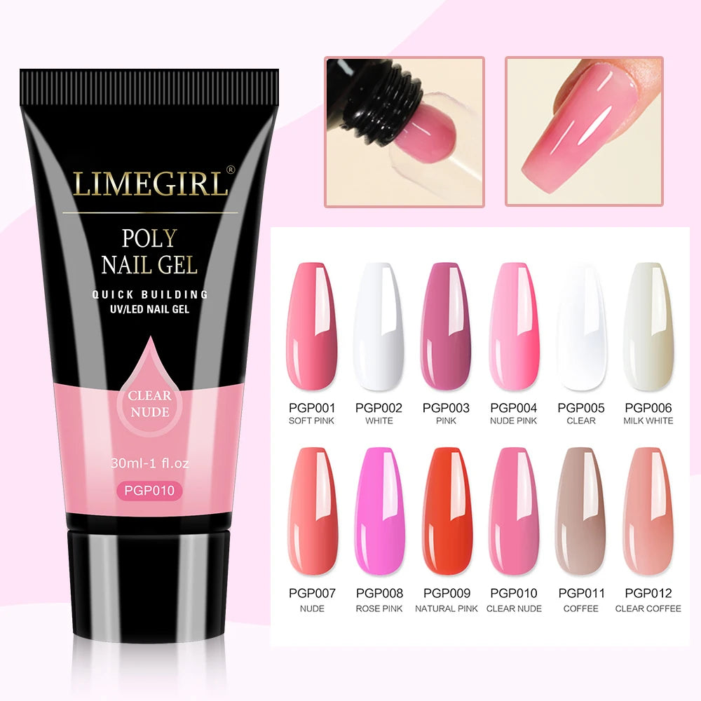 LIMEGIRL 30ml Nail Extension Gel Glitter Soak Off Nail Acrylic Crystal Build Poly UV Gel for Nails Quick Extension Manicure Glue