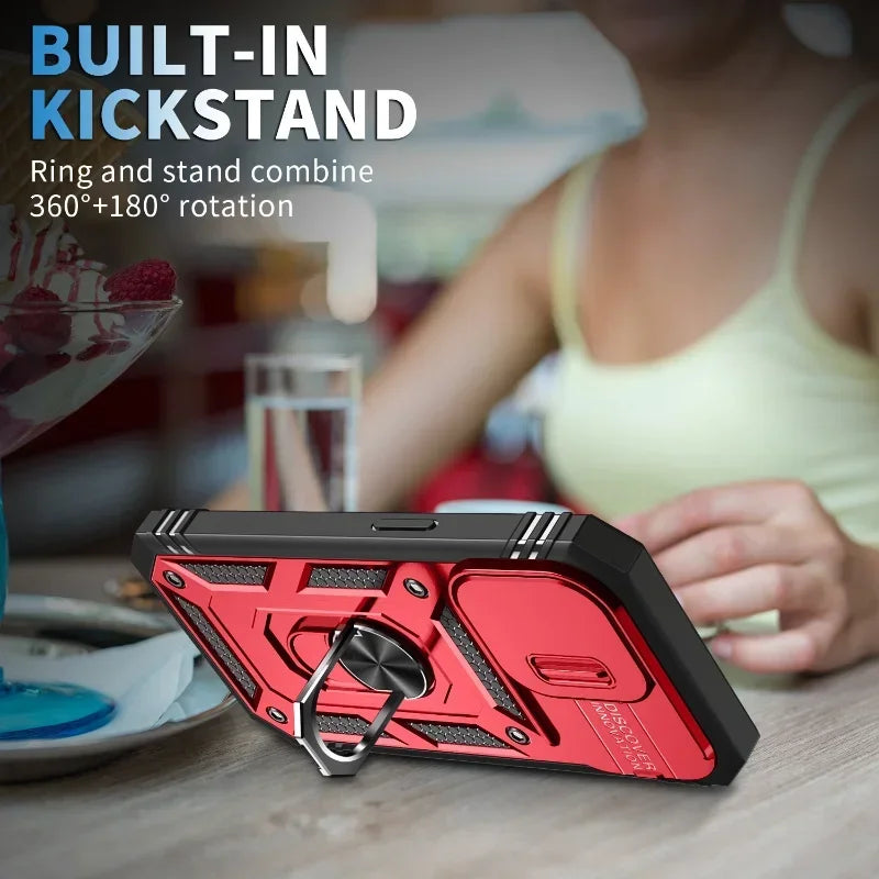 Luxury Slide Camera Lens Protection Armor Case for iPhone 17 16 15 14 Plus 13 12 Pro Max Military Grade Bumpers Metal Ring Cover