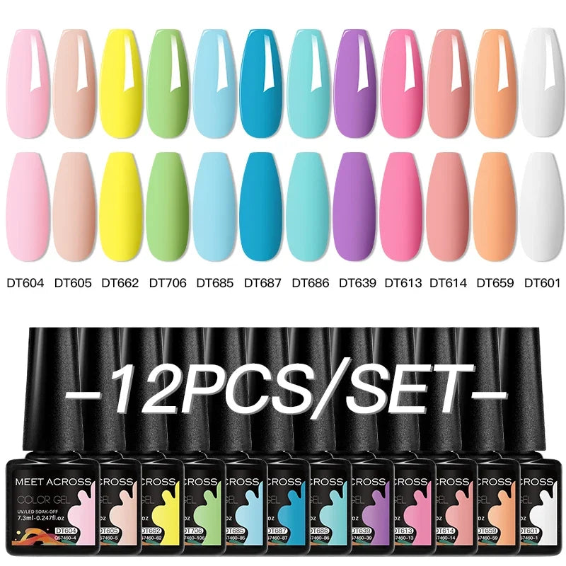 MEET ACROSS 12Pcs Gel Nail Polish Set 7.3ml Pink Blue Neon Macaron Color for Nails UV Gel LED Nail Art  Varnish Manicure Kit