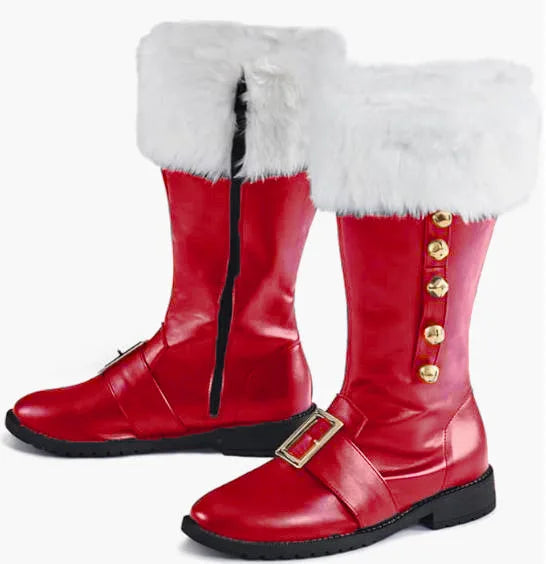 Christmas Santa Claus Boots Men Cosplay New Year Red Black Leather Shoes White Plush Cuffs Foot Halloween Xmas Winter Boots