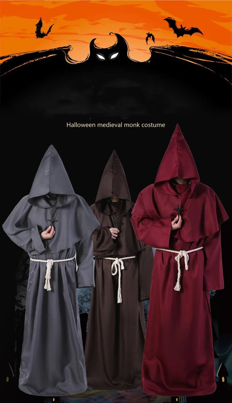 Adult Medieval Wizard Robe with Hood Halloween Priest Costume Gothic Cloak for Cosplay Performance Includes Belt and Cross