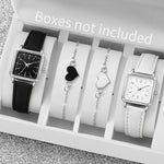2/4PCS Fashion Square Women's Watch Leather Band Quartz Watches Heart Bracelet Set（Without Box）