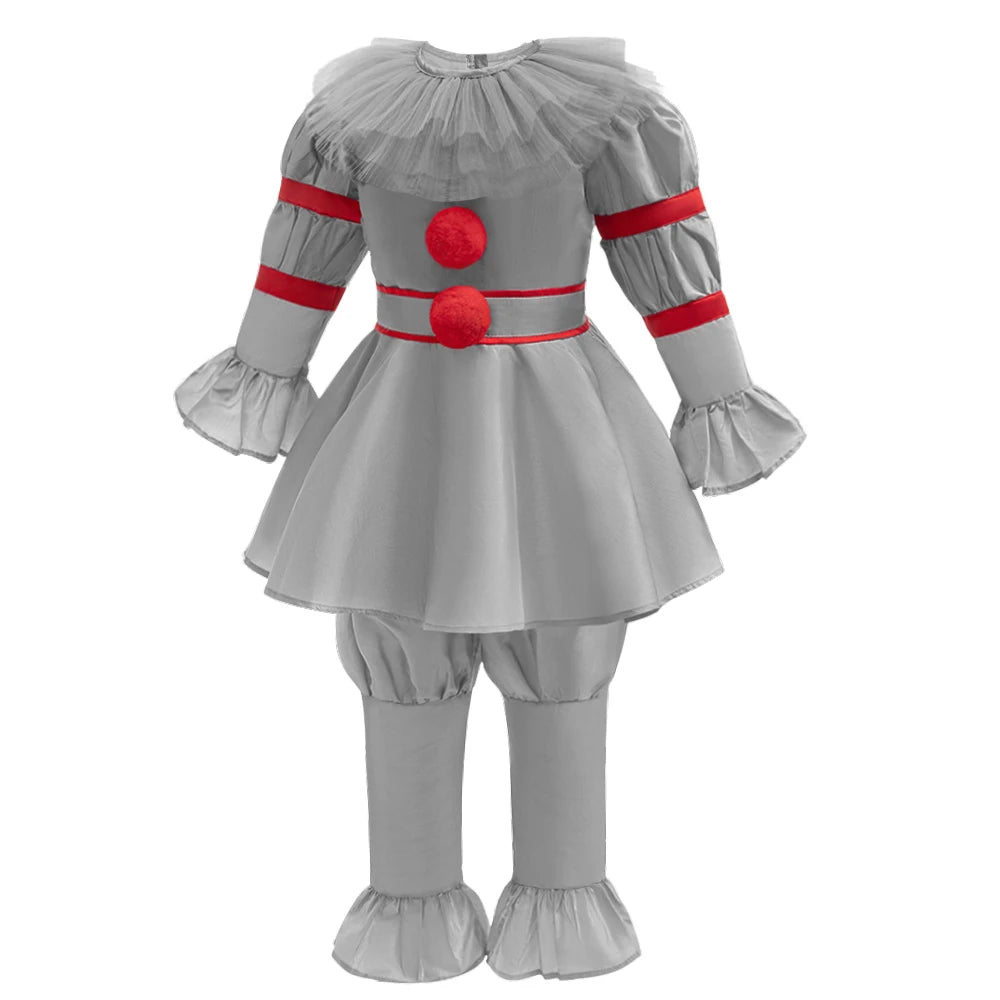 Kids Pennywise Clown Cosplay Costume Children Halloween Carnival Party Joker Vllain Vintage Clothing Top+Pants Outfits free ball